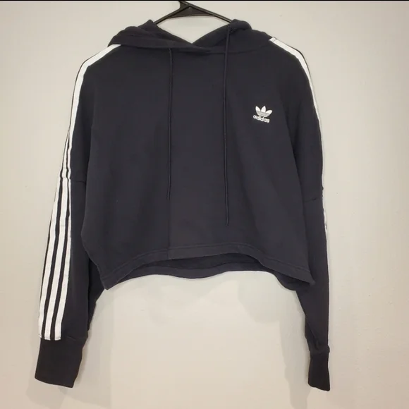 Adidas Black and White Women's Crop Boxy Hooded Sweatshirt Size small - Picture 1 of 5